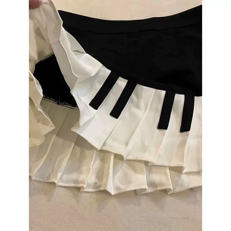 Vintage Art Dress Spring Summer Aesthetic Vintage Black and White Piano Key Mini Skirt for Women Student Y2K Outfit