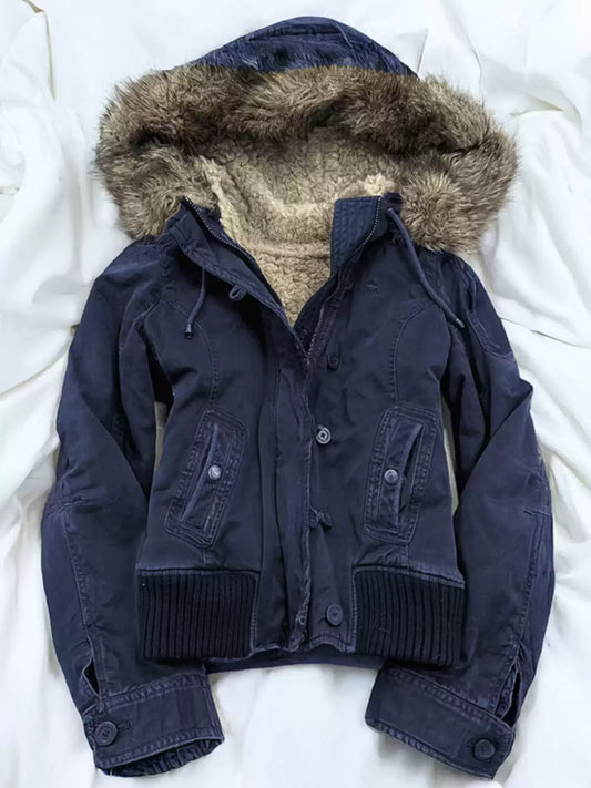 blue lamb wool hooded jacket