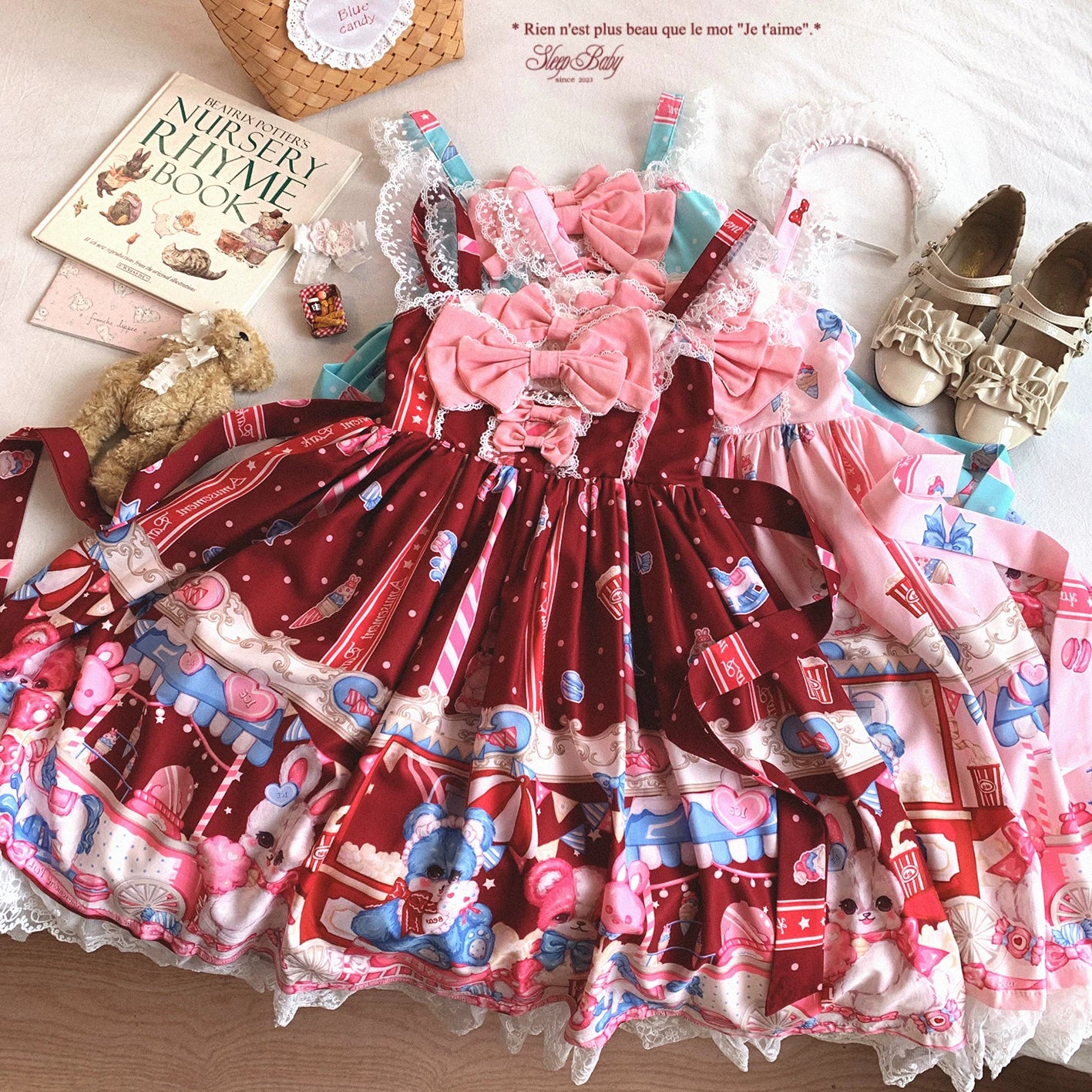Last-Call BTSN Adorable Popcorn Bear & Bunny Print Patchwork Lace Bow Lolita Dress *f