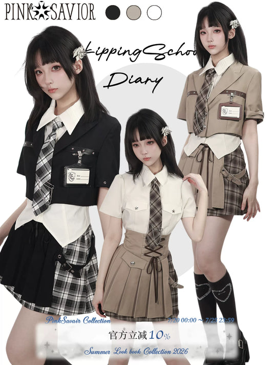 Pinksavior “Mocha Dusk” Short-Sleeve Blazer-Style Academy Cinched Waist High-Waist Half-Pleat Patchwork Dress