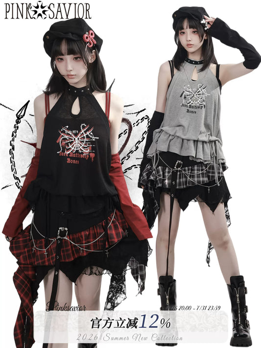 Ready Stock Ships Fast 【Banded Songbird Bone】 Irregular Shawl with Camisole, Summer Cool Styling, Irregular Plaid Skirt Matching