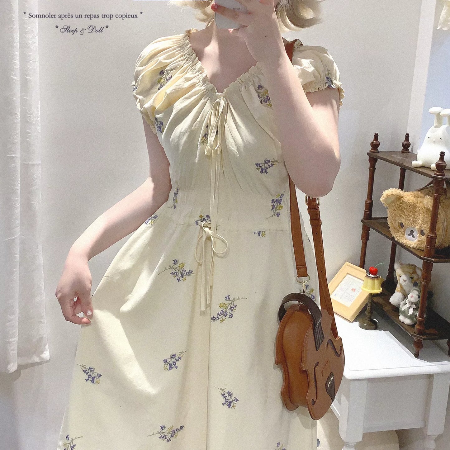 Final Stock MMyT Cotton Fabric Embroidered French Tea-Party Ruffle Pleated Waist Cinched Puff Sleeve Floral Dress with Tie