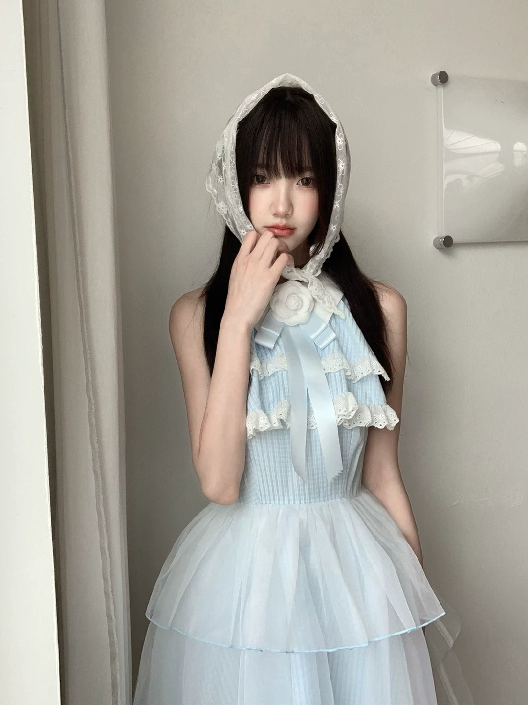LaLa Sauce Dreaming Mirror Sea Salt Girl Off-Shoulder Dress with Camellia, Butterfly Bow, Mesh Tulle Cake Princess Skirt
