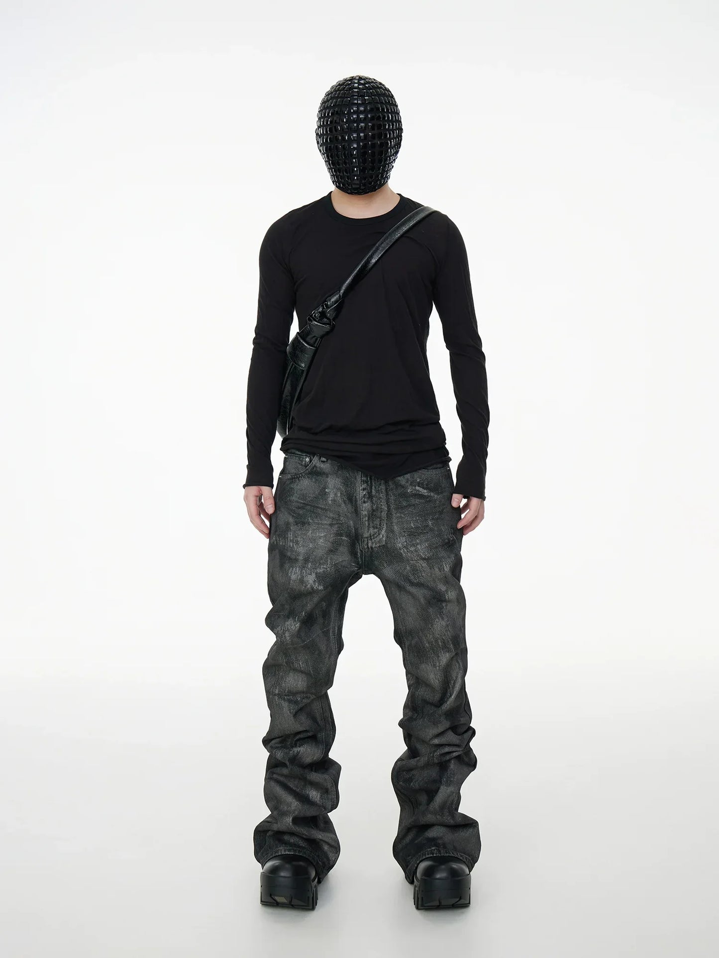 Glitter Coated Acid Wash Black Stacked Jeans