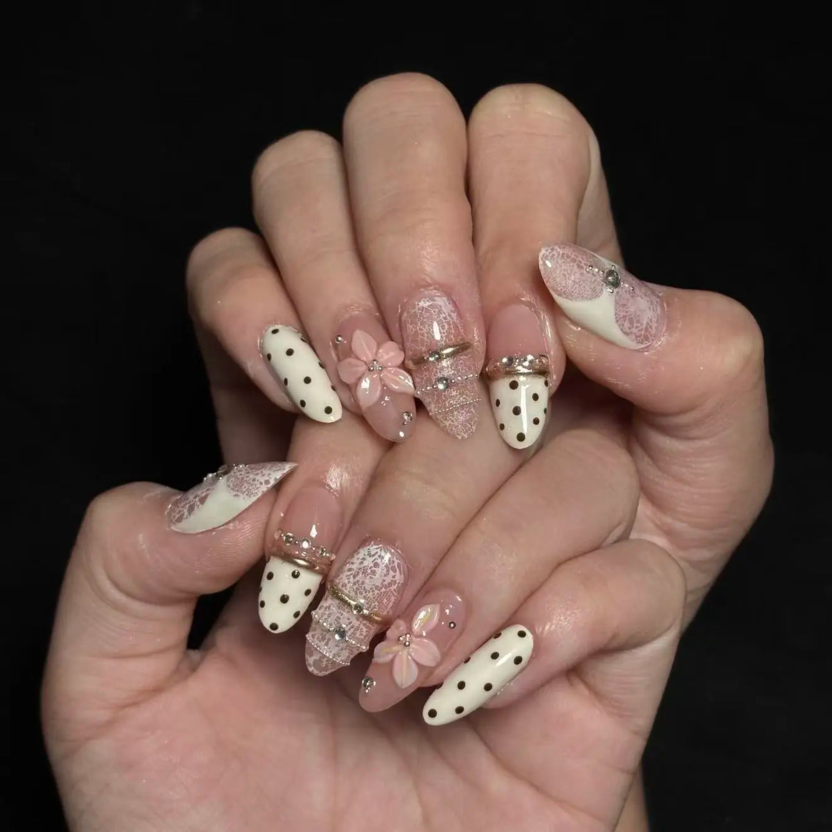 Milky White Polka Dot Press-On Nails | Coquette 3D French Nails Lace Pink Wave