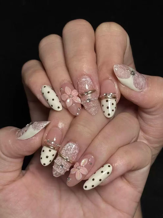 Handmade Milky White Polka Dot Lace Press-On Nails, 3D French Fairycore Style, Soft and Flattering, Removable Nail Tips