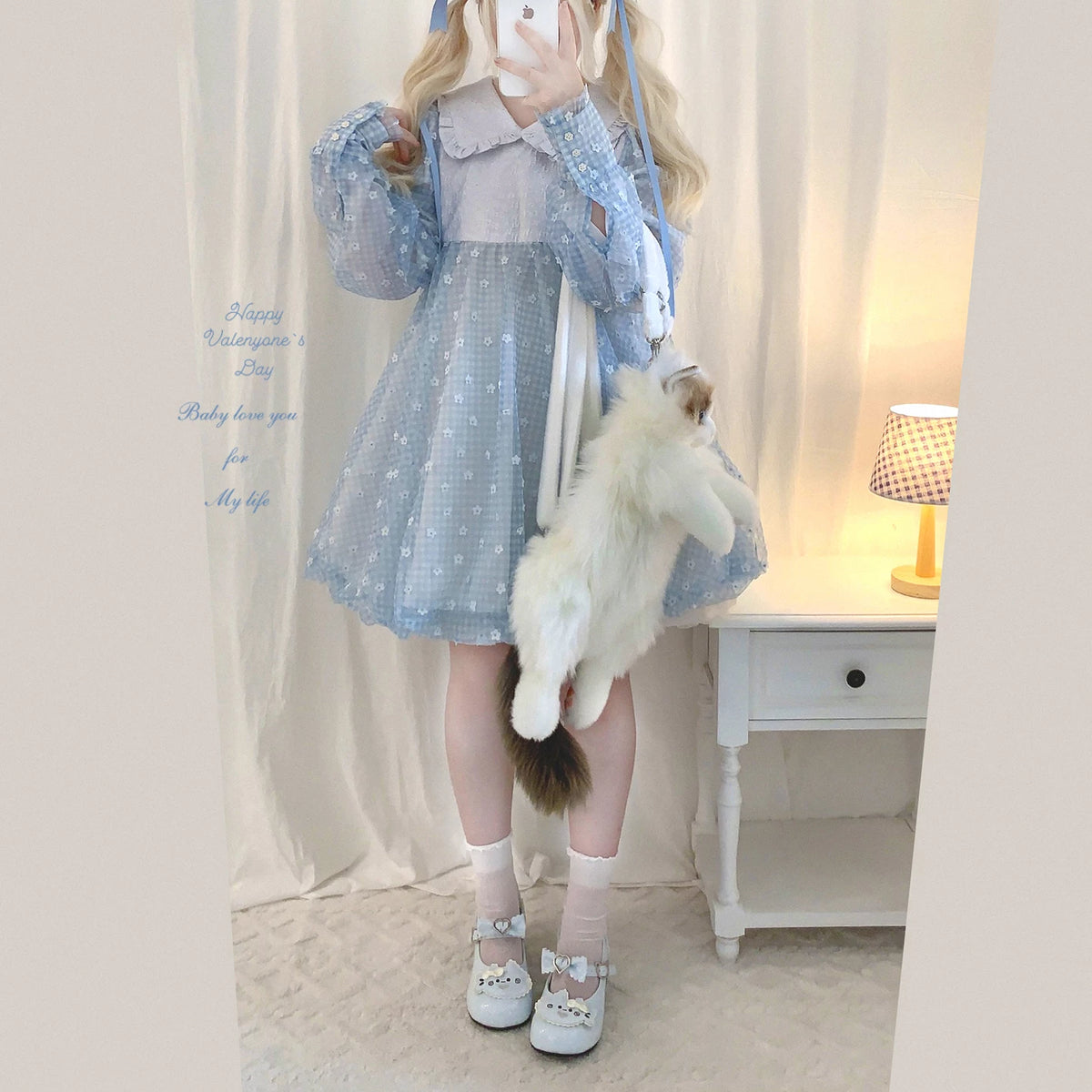 Last-Stock Rcyjs Cute Texture Doll Collar Contrast Printed All-Over Floral Mesh Gingham Pattern A-Line Puff Dress