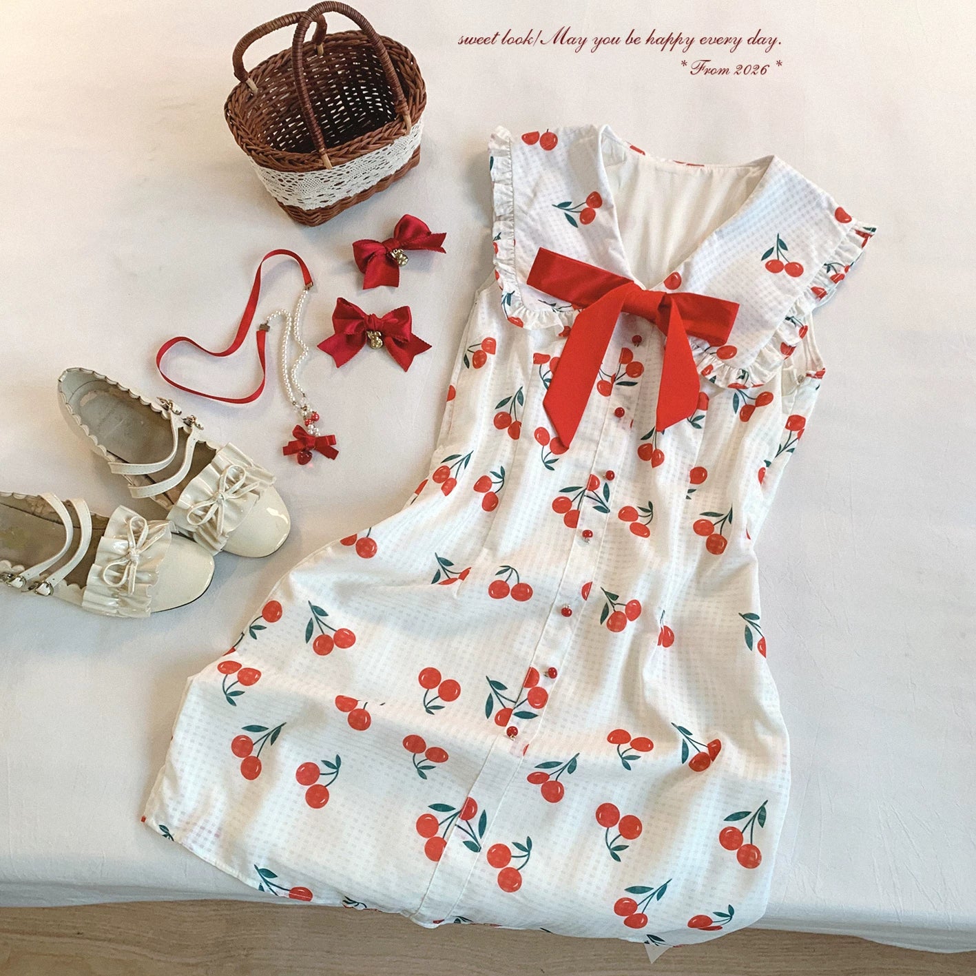 Last-Season Sale Cherry Print Gingham Retro Summer Cute Bow Cinched Waist Dress*