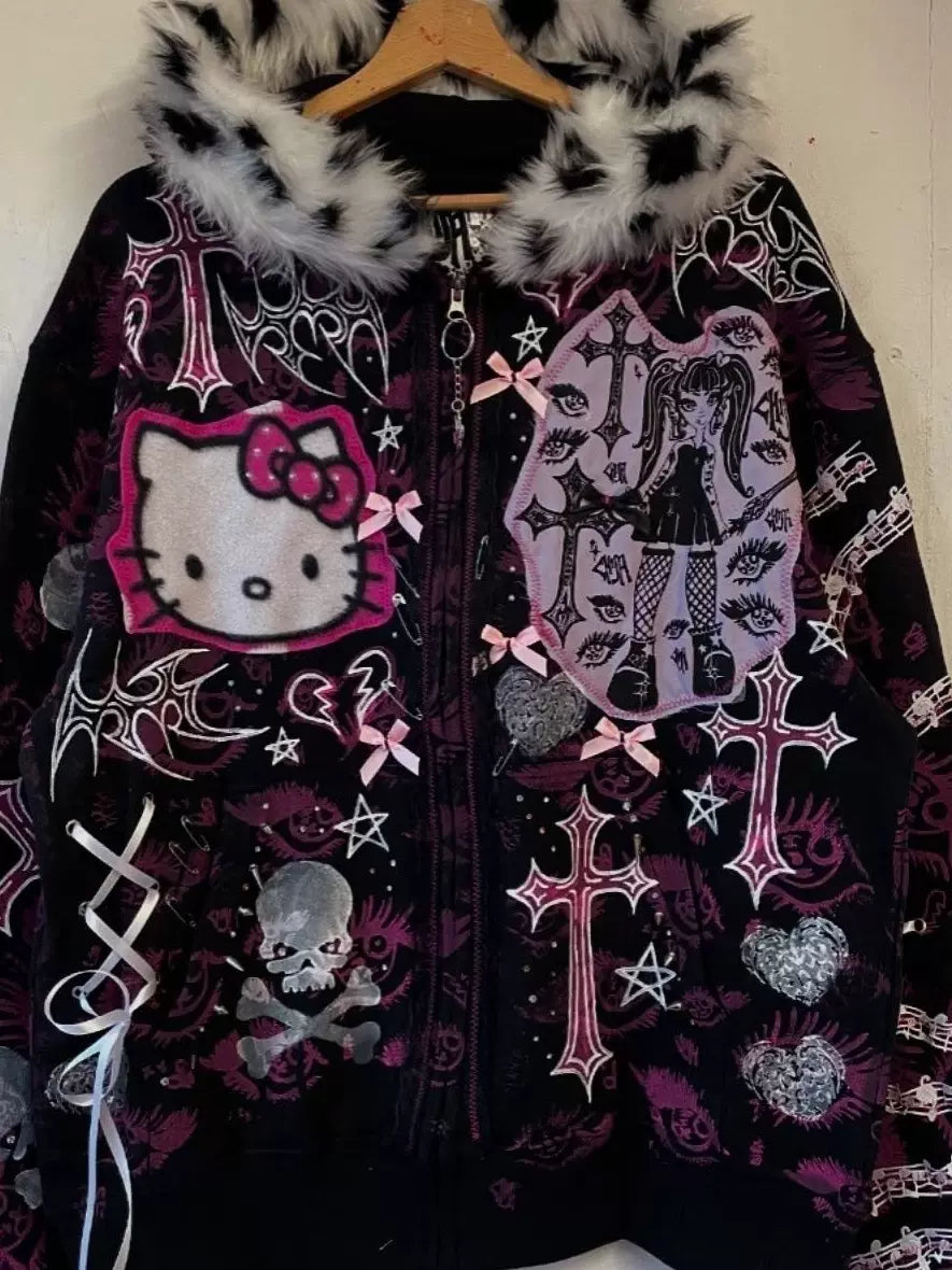 Y2K Punk Hoodie Jacket | Harajuku Gothic Graphic Sweatshirt with Cat Skull Design