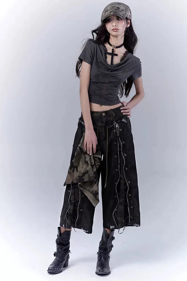 Camouflage Distressed Cropped Pants + Scarf