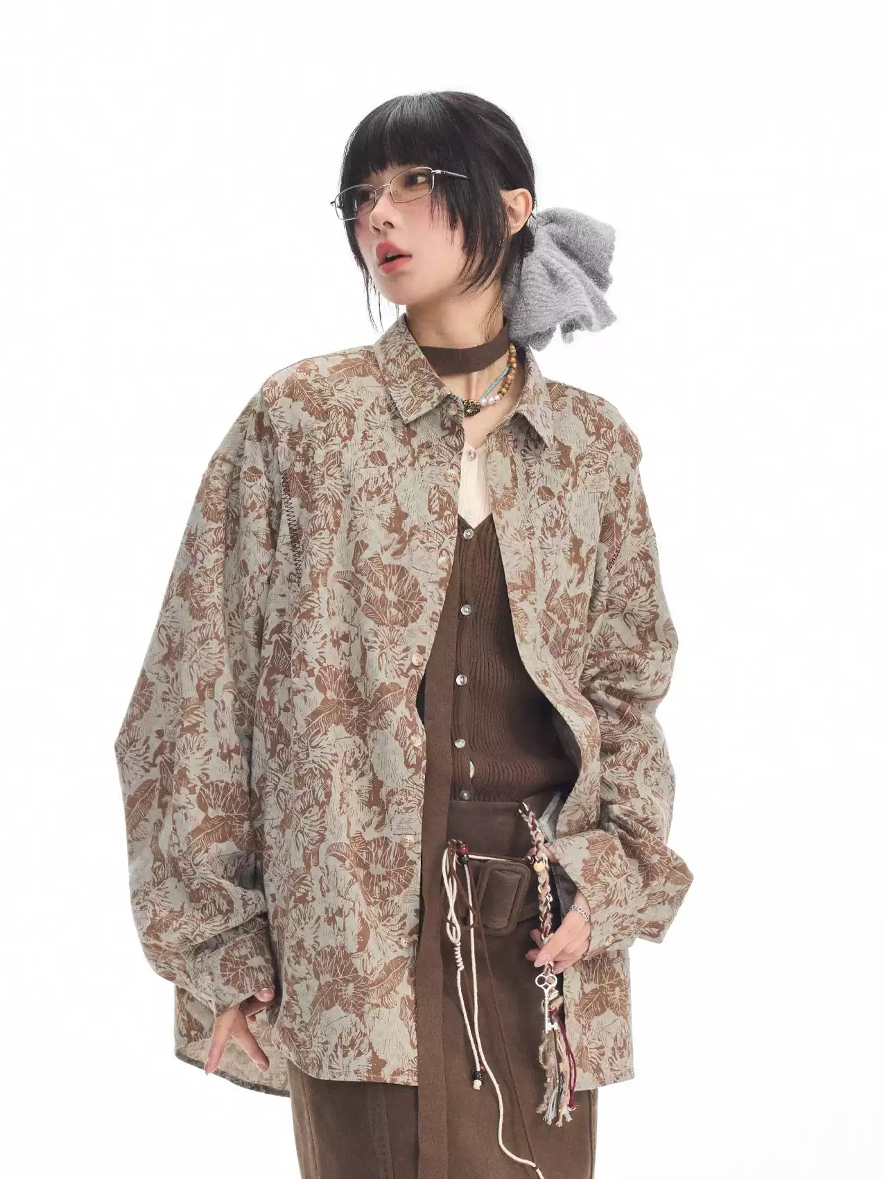 American niche design floral print long-sleeved shirt