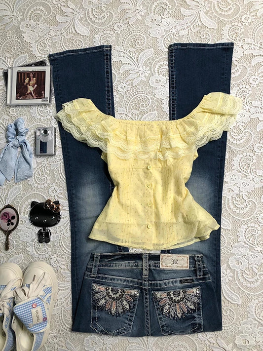 Yellow Ruffle Off-Shoulder Blouse for Women Summer 2026 New Design Statement, Boutique Style Top