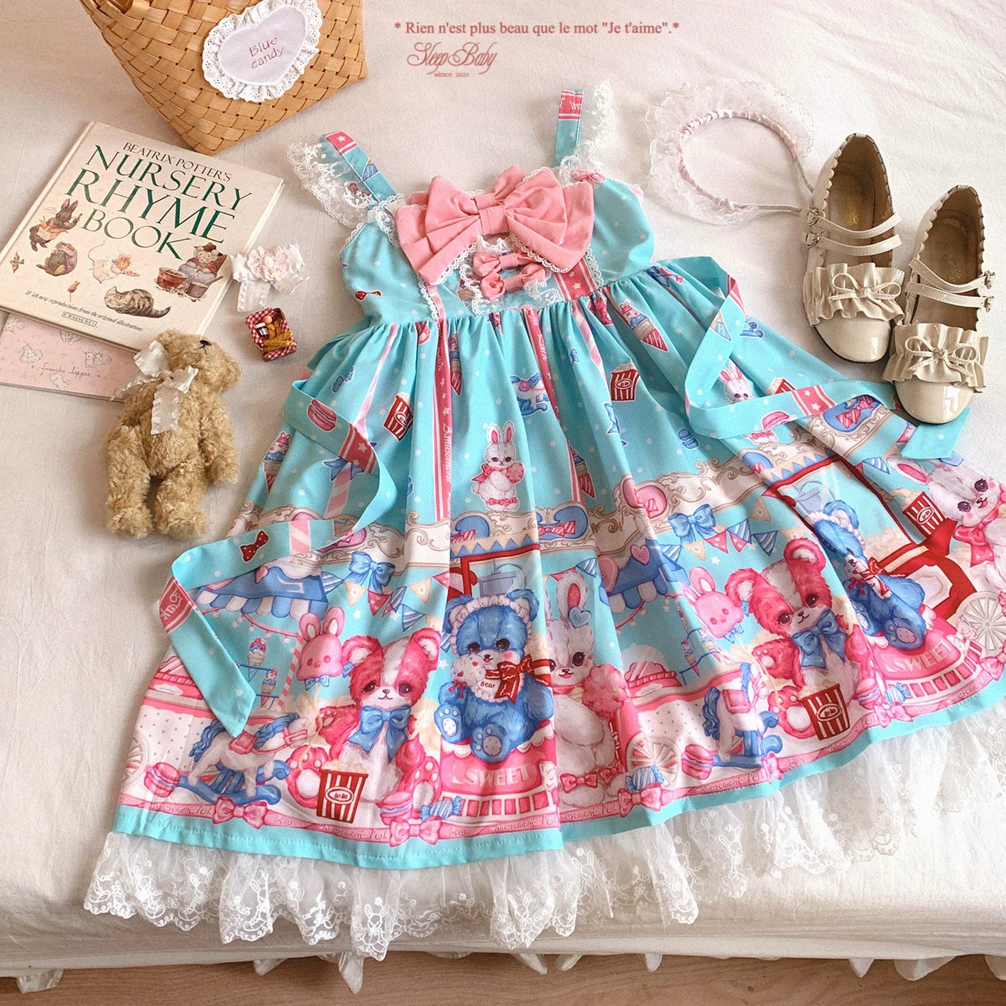 Last-Call BTSN Adorable Popcorn Bear & Bunny Print Patchwork Lace Bow Lolita Dress *f