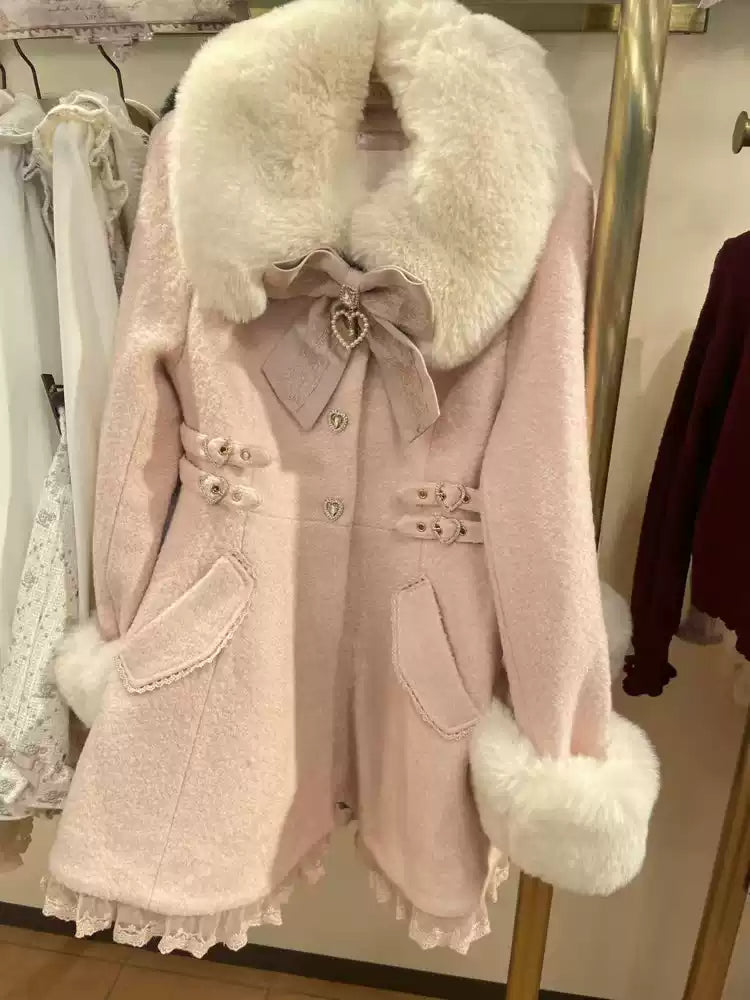 Japanese sweet bow mid-length woolen coat