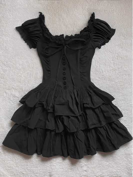 Black Cake Dress for Women Summer Vintage Style French Retro A-Line Dress