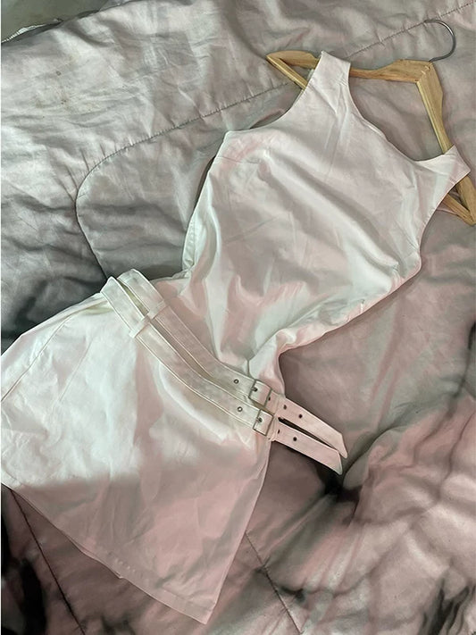 White Cami Dress for Women Summer Vintage Style with Belt Design