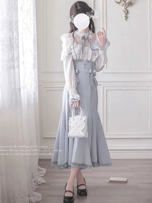 【Senbazuru】Crisp Japanese Watercolor Elegant Mermaid Skirt Long-Sleeve Shirt Two-Piece Set—Autumn New Arrivals 2025