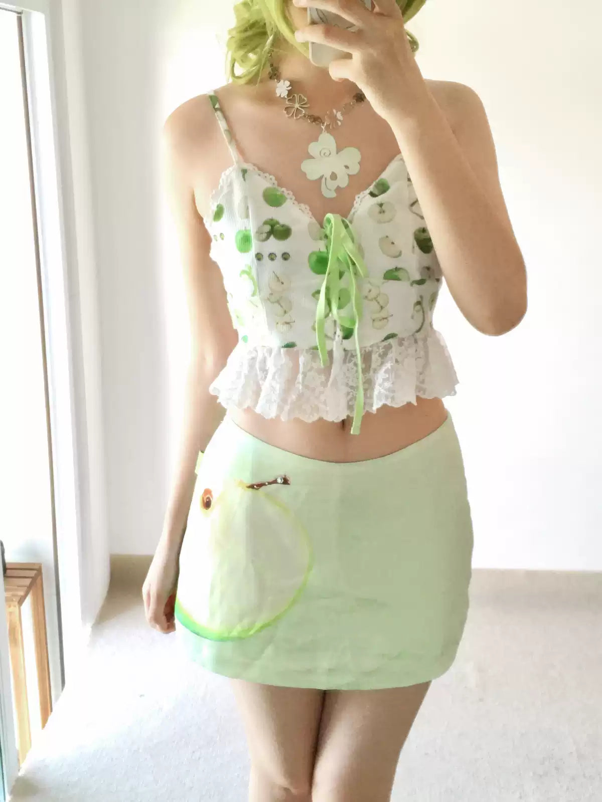 green apple printed lace tie cute little vest