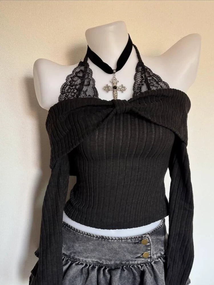 Ban Zhi Tao Original French-Style Black One-Shoulder Off-Shoulder Knit Sweater Elegant Chic Slimming Waist Tie Wrap Knitwear for Women in Autumn