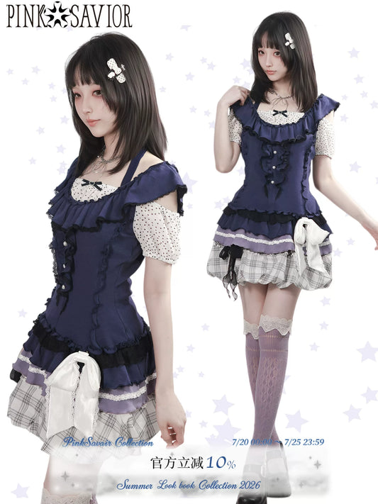 pinksavior【Blueberry Parfait】Vintage Puff-Sleeve Stretch T-Shirt & Plaid Peplum Tulle Dress Set