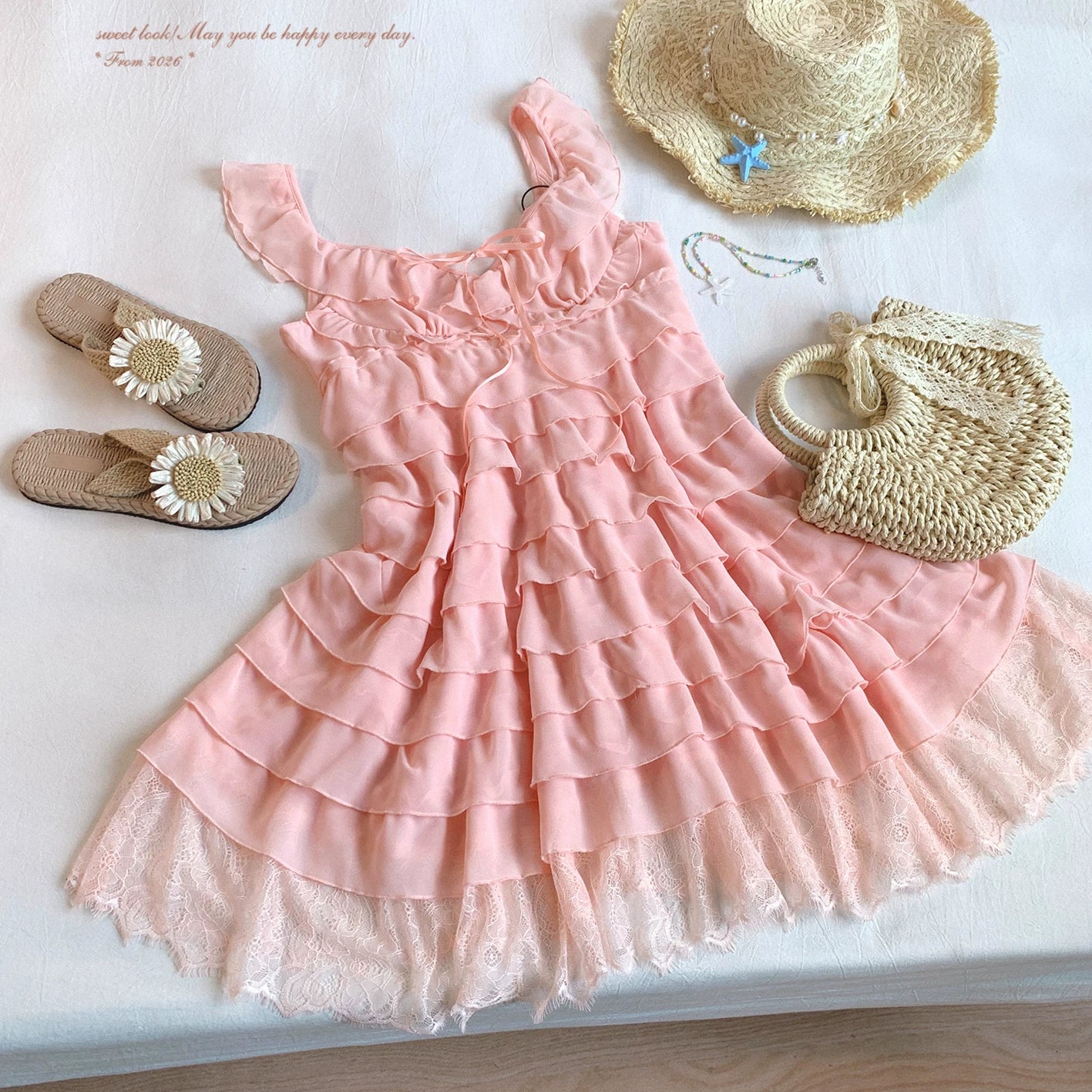 Final-stock Tiered Cake Lace Sweetheart Flounce Layered Sleeved Dress