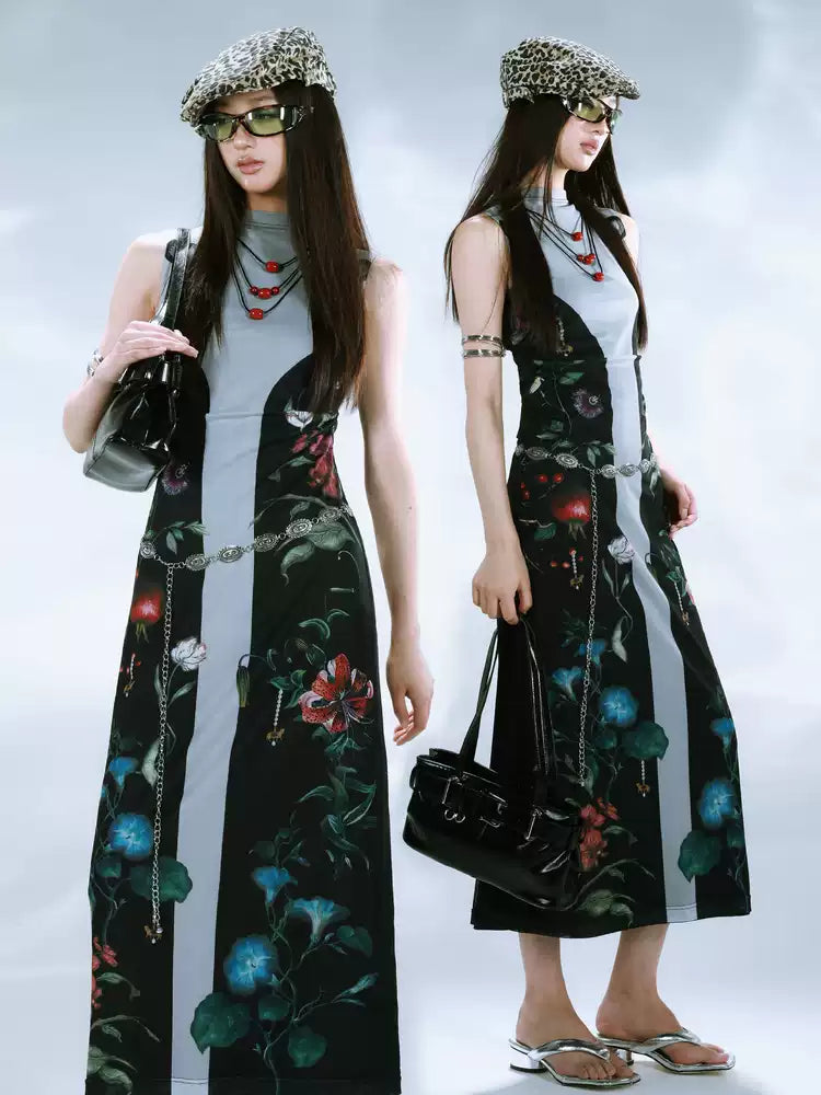 New Chinese Botanical Print Mesh Dress