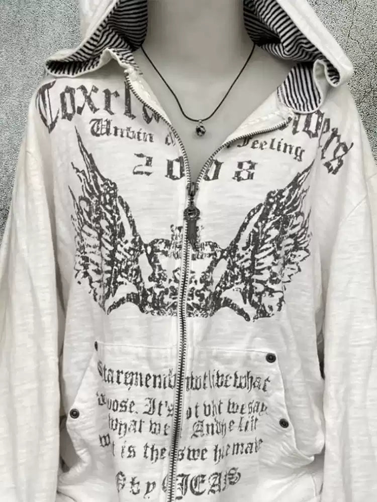 retro white printed hooded jacket