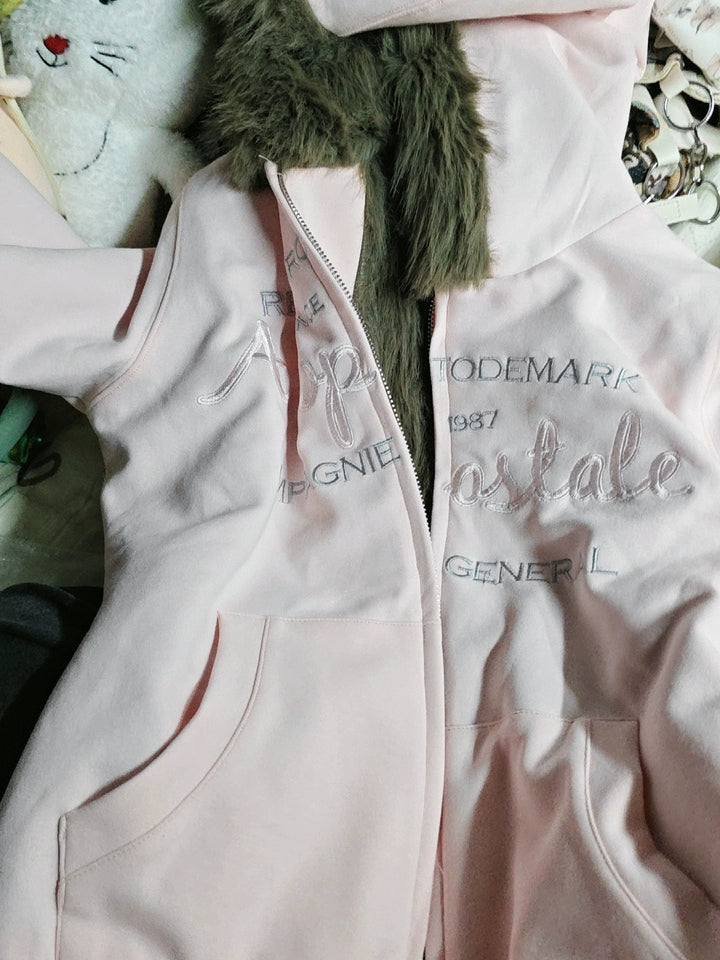 pink velvet hooded sweatshirt jacket