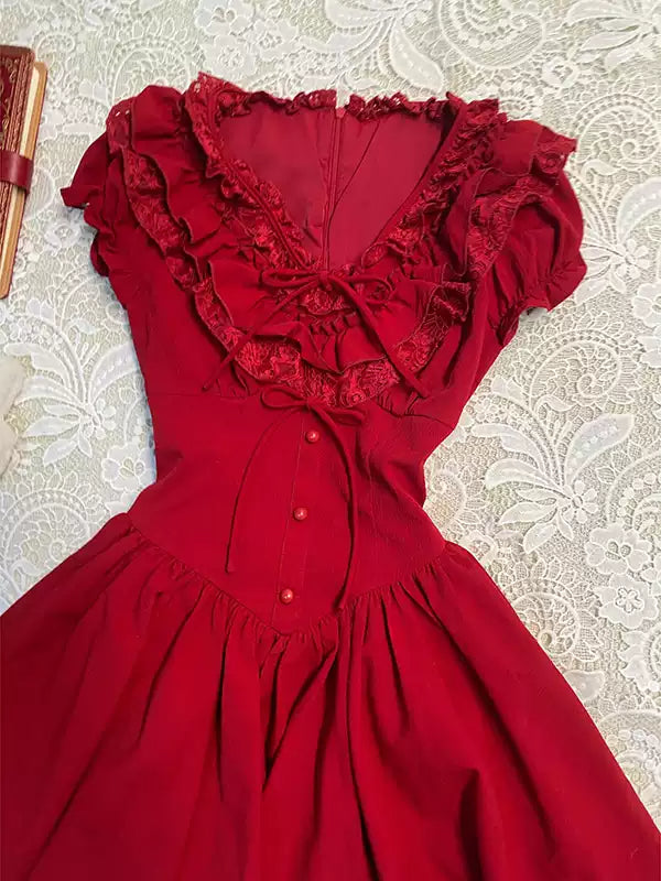 red lace v-neck shirt dress