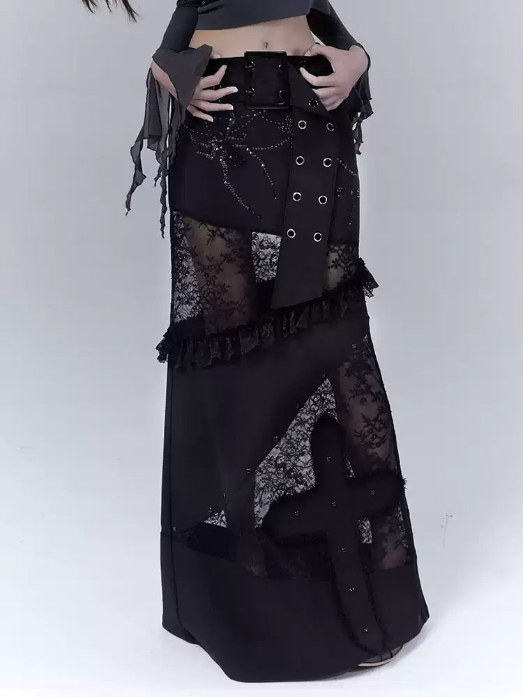 Lace stitching dark low slim straight skirt