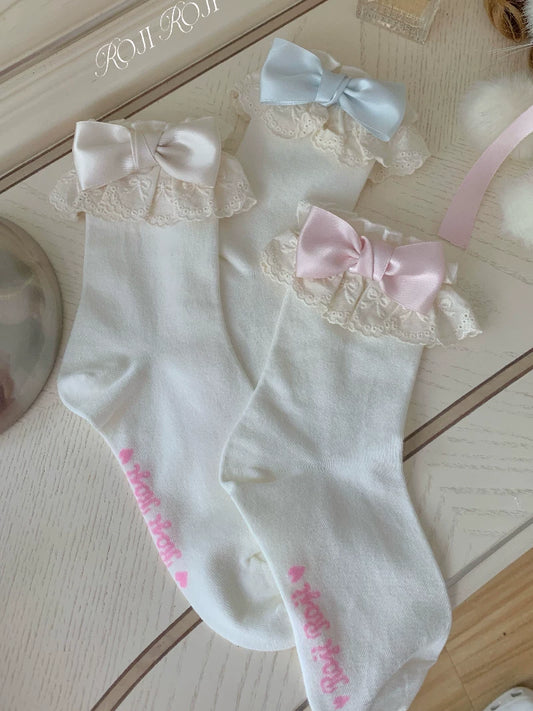 Lolita Socks for Women Spring Butterfly Bow Summer Ankle Socks, Sweet Lolita Lace Trim Cotton Stockings