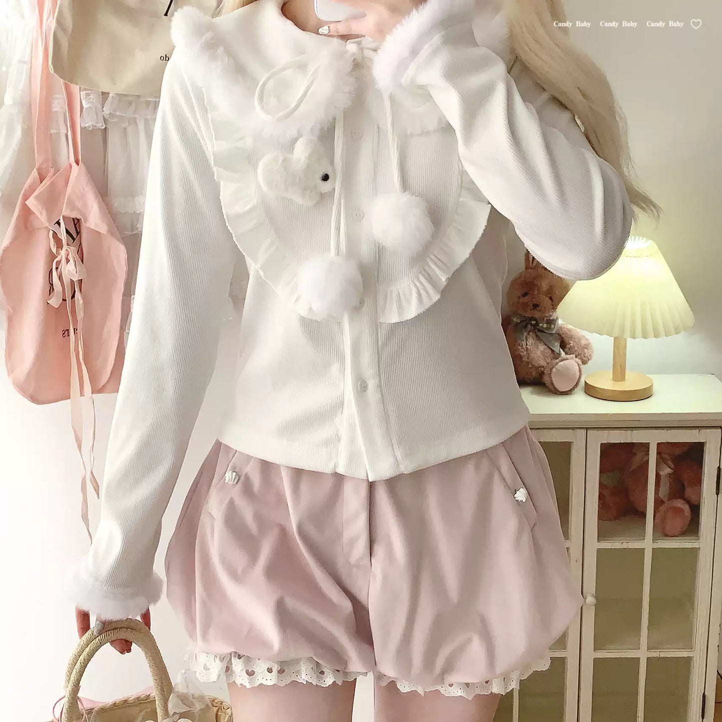 Rabbit brooch furry lace-up bow pom-pom shirt
