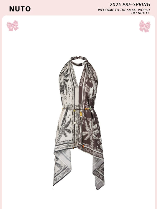 Super Pretty Island-Style Floral Print Irregular Halter Beaded Tassel Backless Top for Women Summer