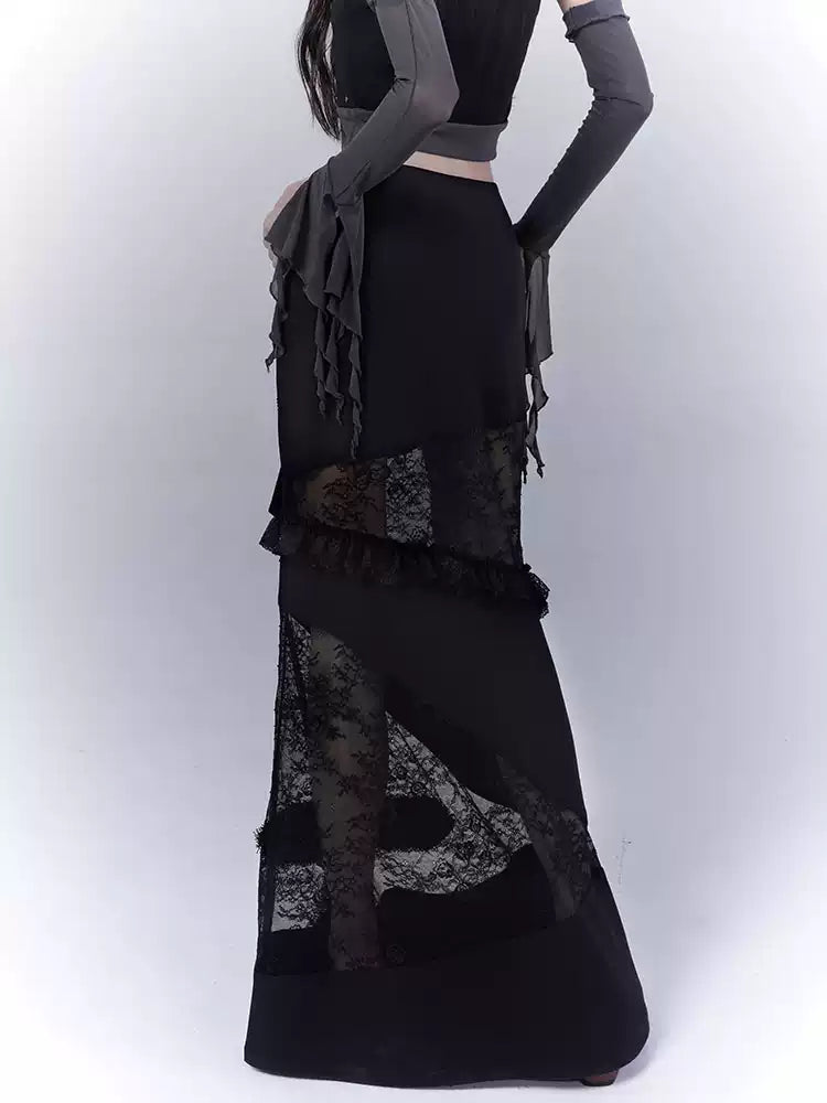 Lace stitching dark low slim straight skirt