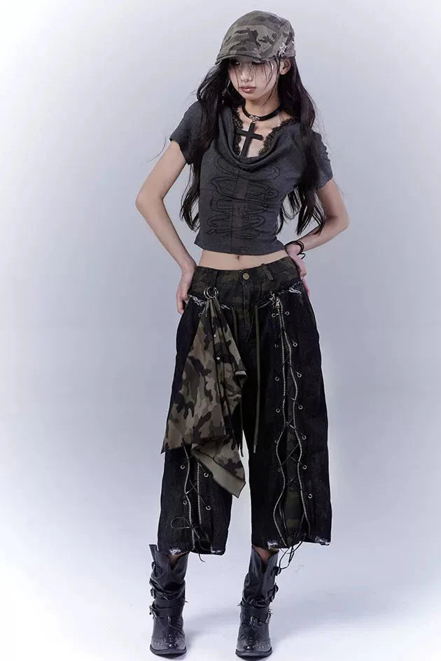 Camouflage Distressed Cropped Pants + Scarf