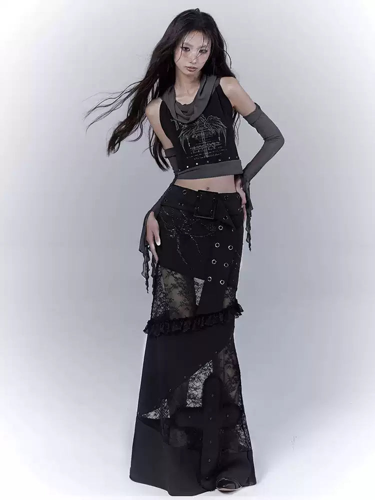 Lace stitching dark low slim straight skirt