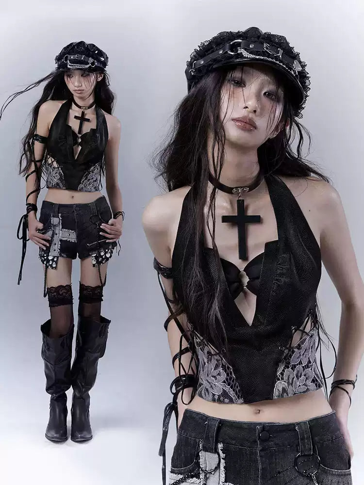 Grunge Lace Stitching Leather Tank Top