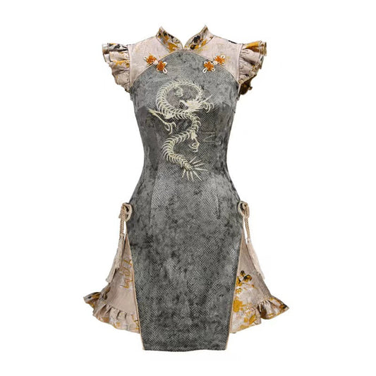 Spring Dragon Embroidered Snake Cheongsam Dress