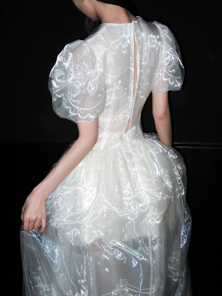 Elegant Bridal Reception Dress for Women, French-Inspired White Lace with Puff Sleeves and Round Neck