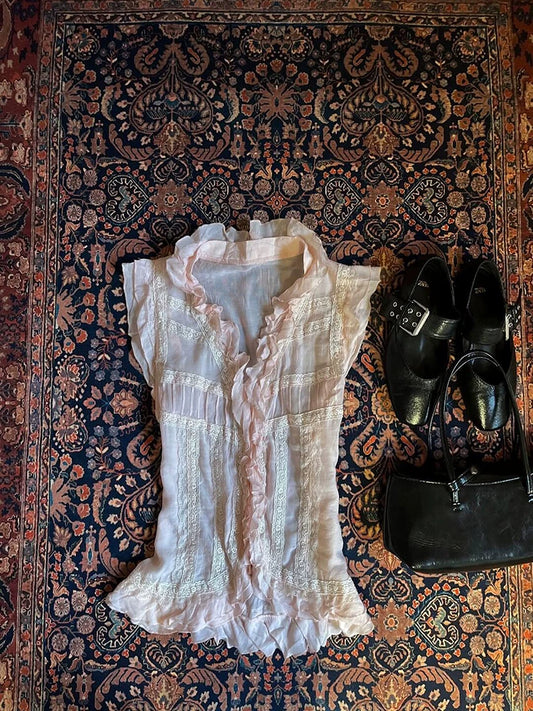 Pink Elegant Feminine Waist-Defined Ruffle Hem Blouse for Summer, Flattering Fit for Trendy Boutique Styling