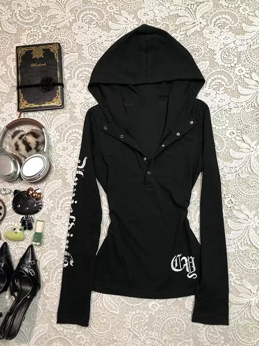Black letter hooded sweatshirt jacket