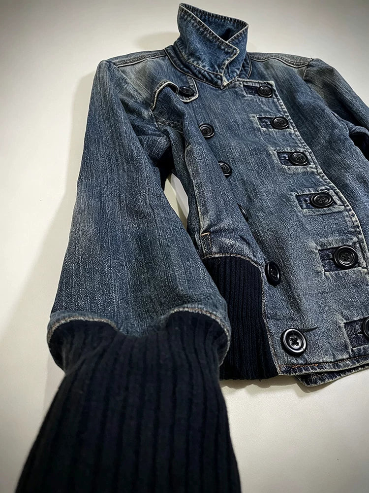 Ban Zhi Tao Original Vintage Stand Collar Denim Jacket with Slant Button-Front, Double-Breasted Design, for Autumn Women—Niche High-End Styling