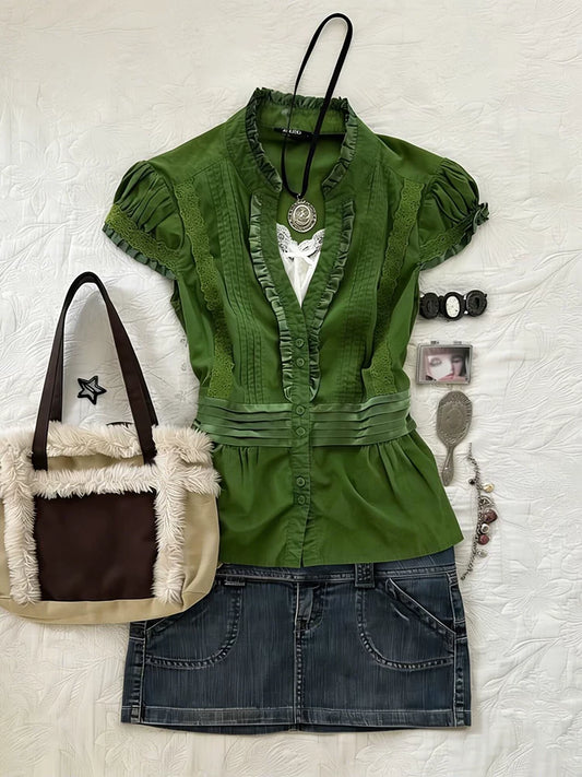 Vintage Coquette Puff Sleeve Top | V-Neck Feminine Blouse for Women