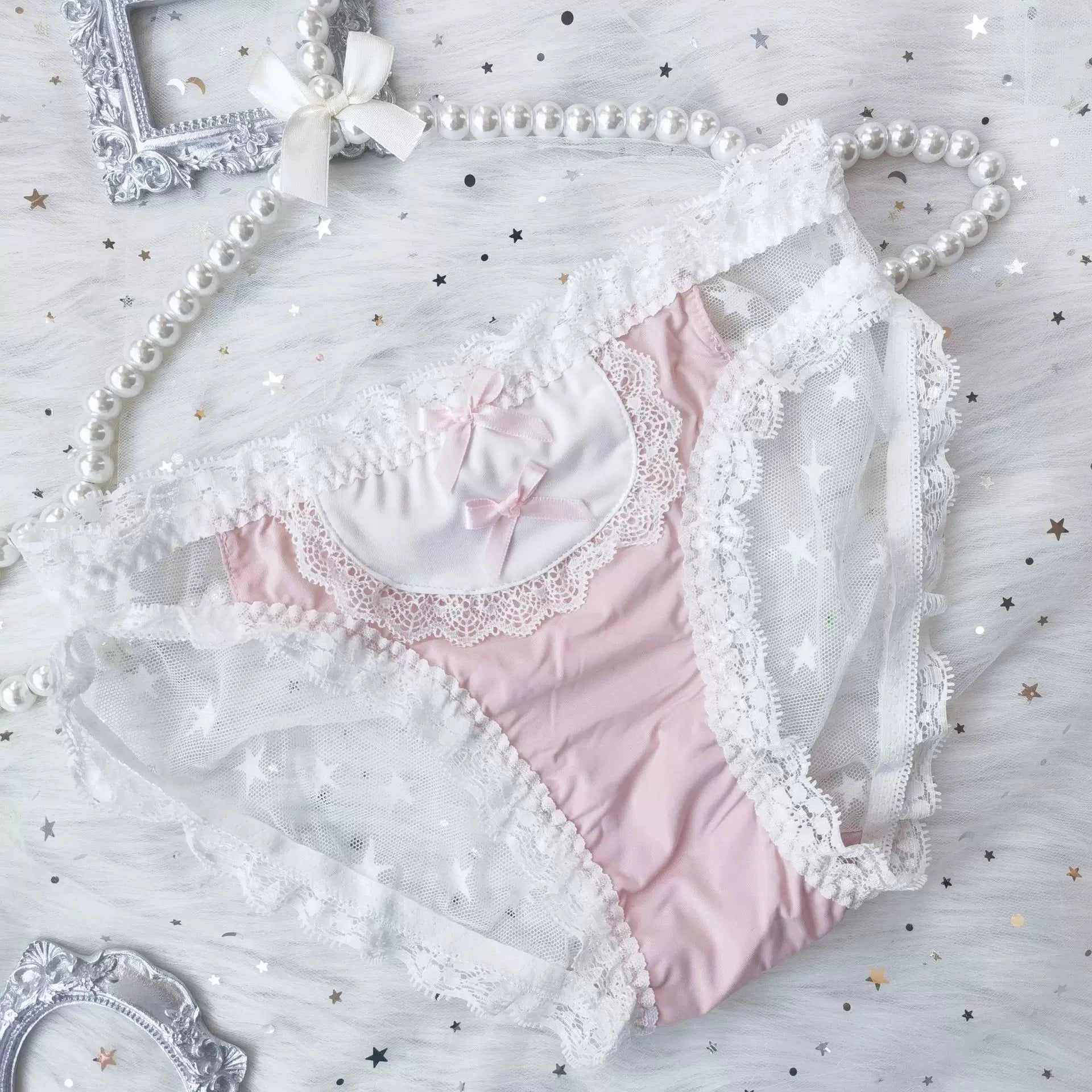 Japanese Lolita School Uniform Maid Ice Silk Panties (Dark Low-Rise) with Bow, Lace Lolita-Style Triangle Panties