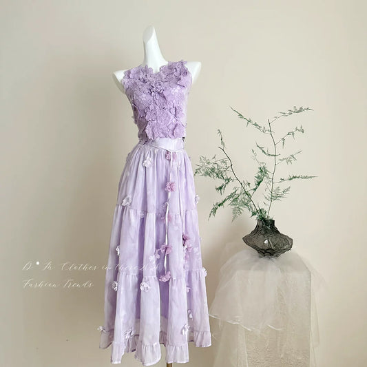 MiYou Handmade Sober-Style Rosy-Mauve Gradient Roselle Lace Off-Shoulder Top & Skirt Purple 2-Piece Set
