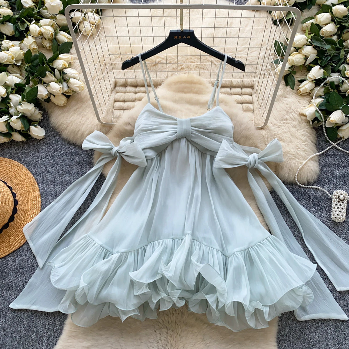 Bow Tie Ruffle Dress | French Girl A-Line Spaghetti Strap Dress for Women