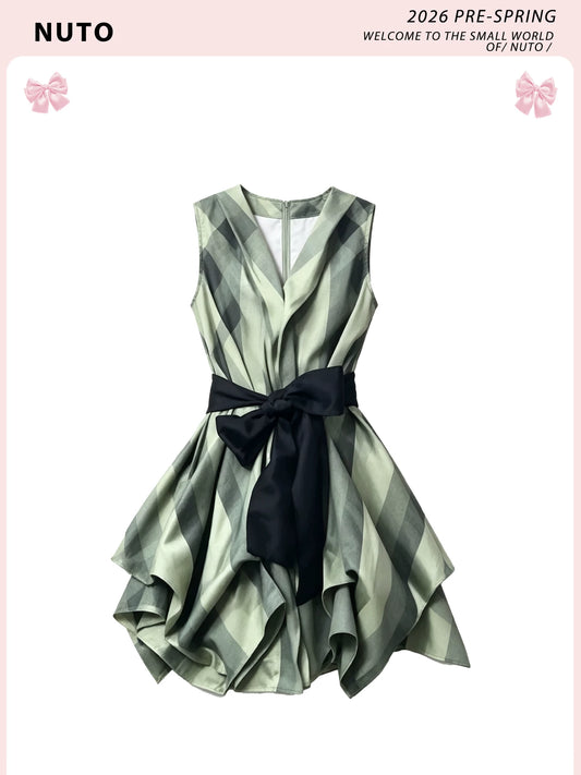 Vintage-Inspired Cinched-Waist Bow-Tie Asymmetrical Peplum Dress, Gorgeous Summer Mini Dress