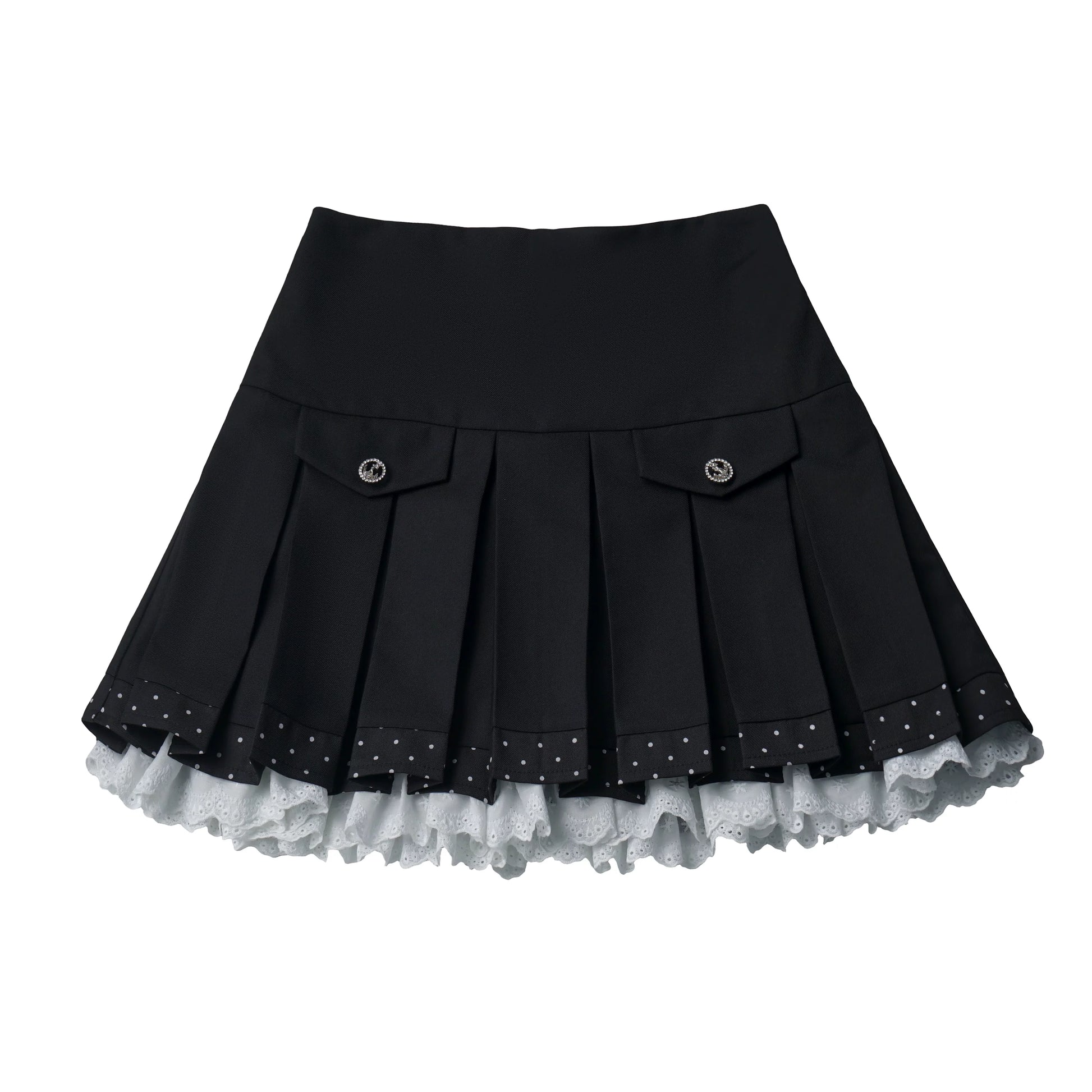 【Rose Poetry Collection】 Holiday Waist-Defining Black-and-White Color-Block Polka Dot Lace Hem Skirt, Korean Style for a Slimming Look