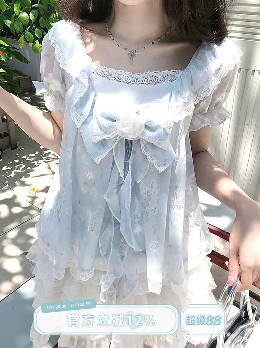 Lalala Sauce “Sea Love” Light Blue Floral Square-Neck Top with Bow, Lace Trim, Puff Sleeves & Relaxed Cropped Fit