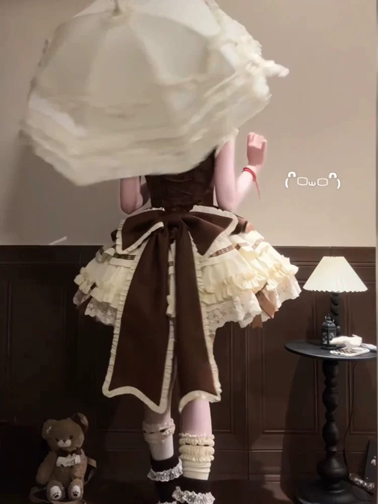 Sweet & Lovely Cocoa Brown Bear Lolita Short-Sleeve Dress Outfit in Brown – Everyday OP Lolita Ensemble for Women